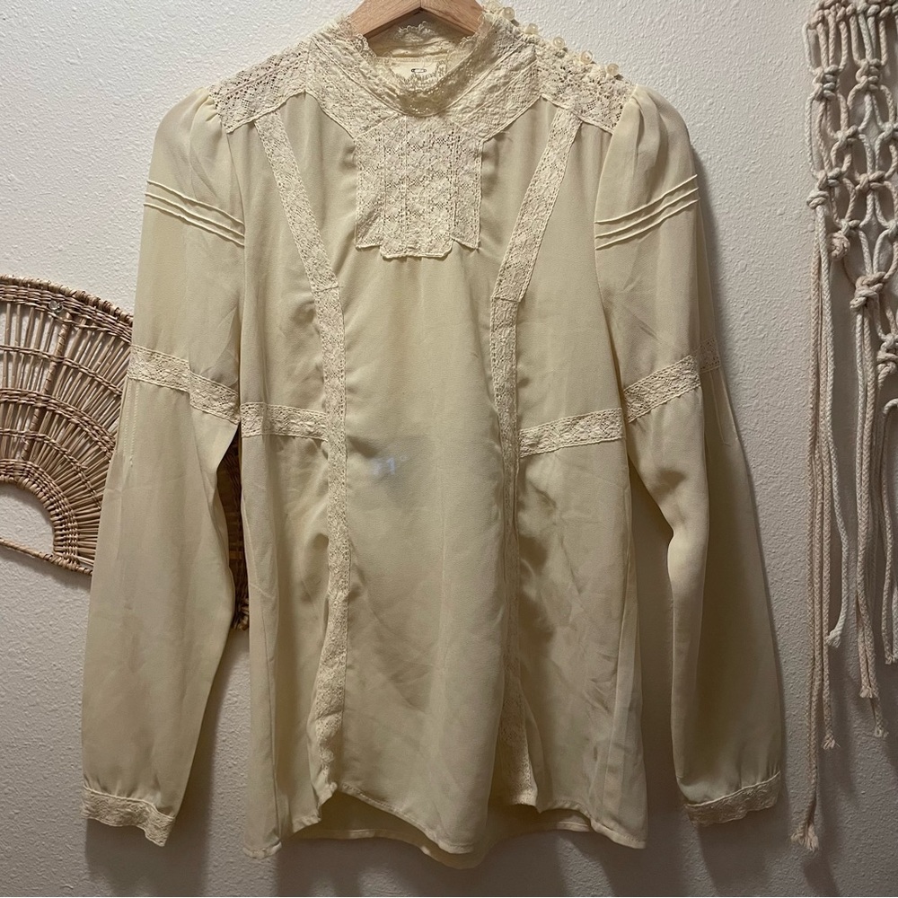 Vintage inspired sheer blouse with lace detail, size Medium